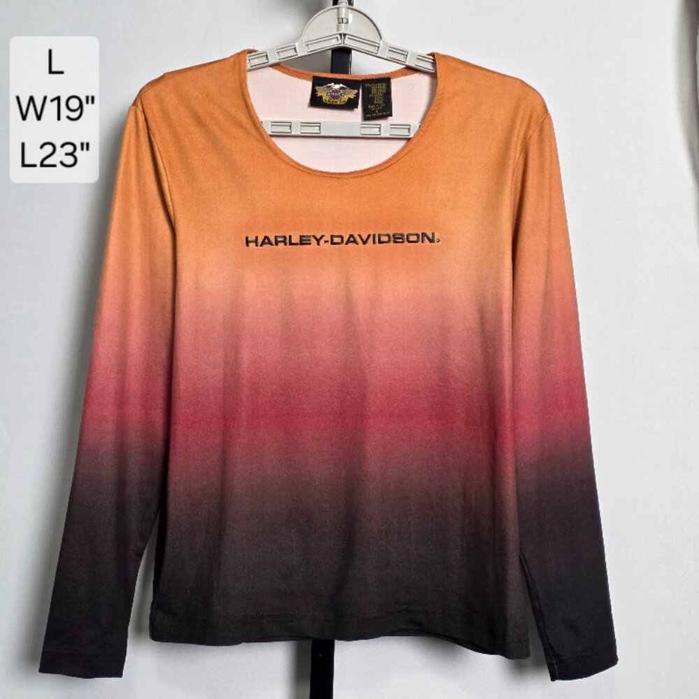 Vintage Harley-Davidson Top Women's Large Sunset Ombre Gradient Orange Black USA